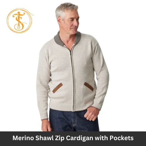 Men's Merino Wool Shawl Collar Zip Cardigan with Pockets