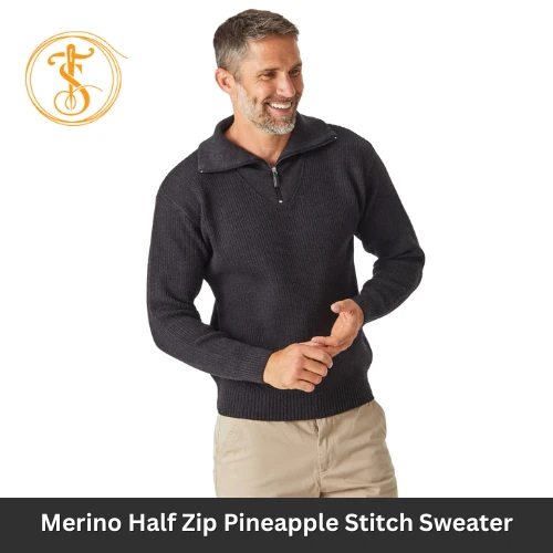 Men's Merino Wool Half-Zip Sweater with Pineapple Stitch