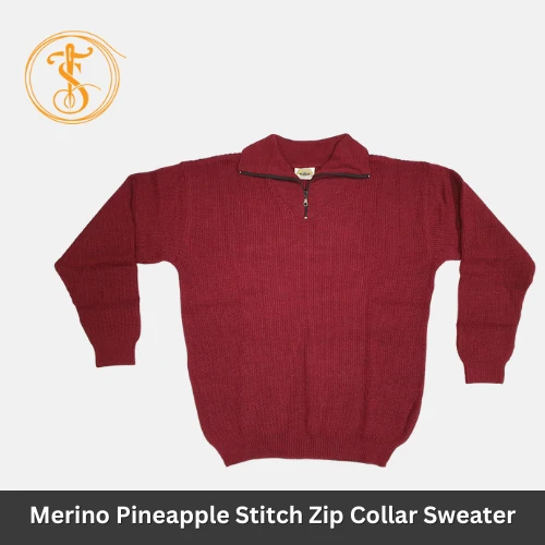 Heavyweight Merino Wool Pineapple Stitch Sweater with Zip Collar